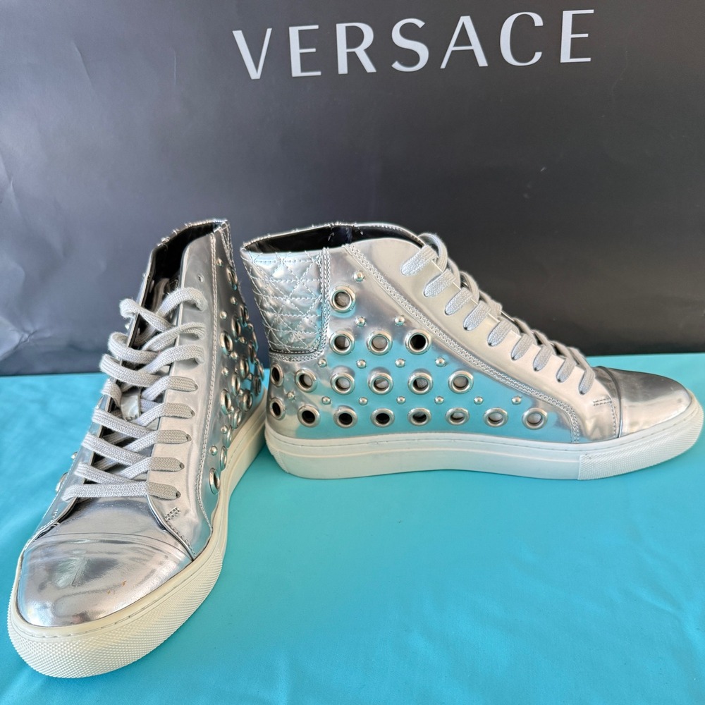 Versace Versus Men's Silver Riveted High Top‎ Leather Sneakers, 39 - Picture 8 of 15